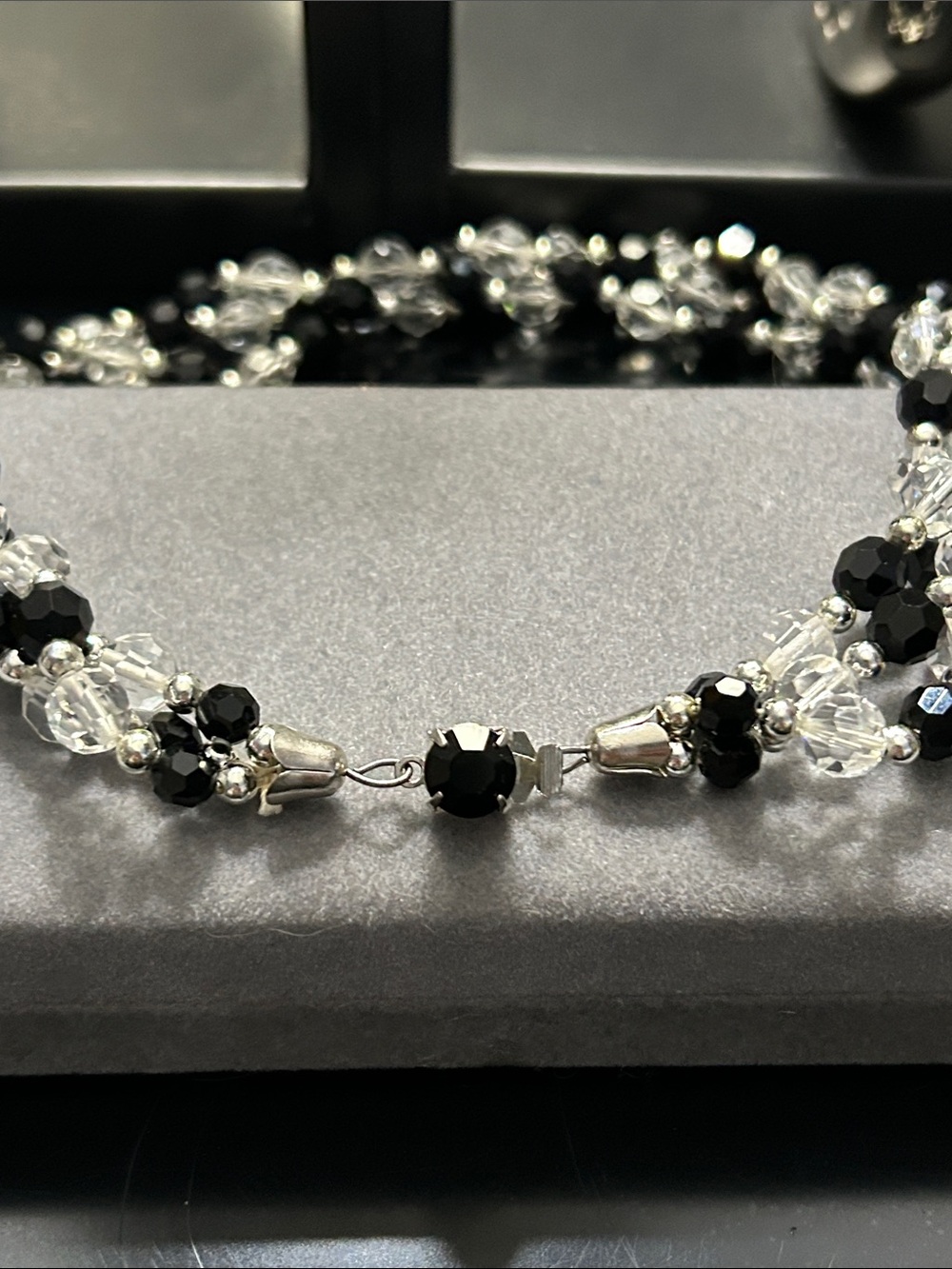 Triple Strand Faceted Clear & Black Crystal Glass Bead Choker Necklace/Earrings
